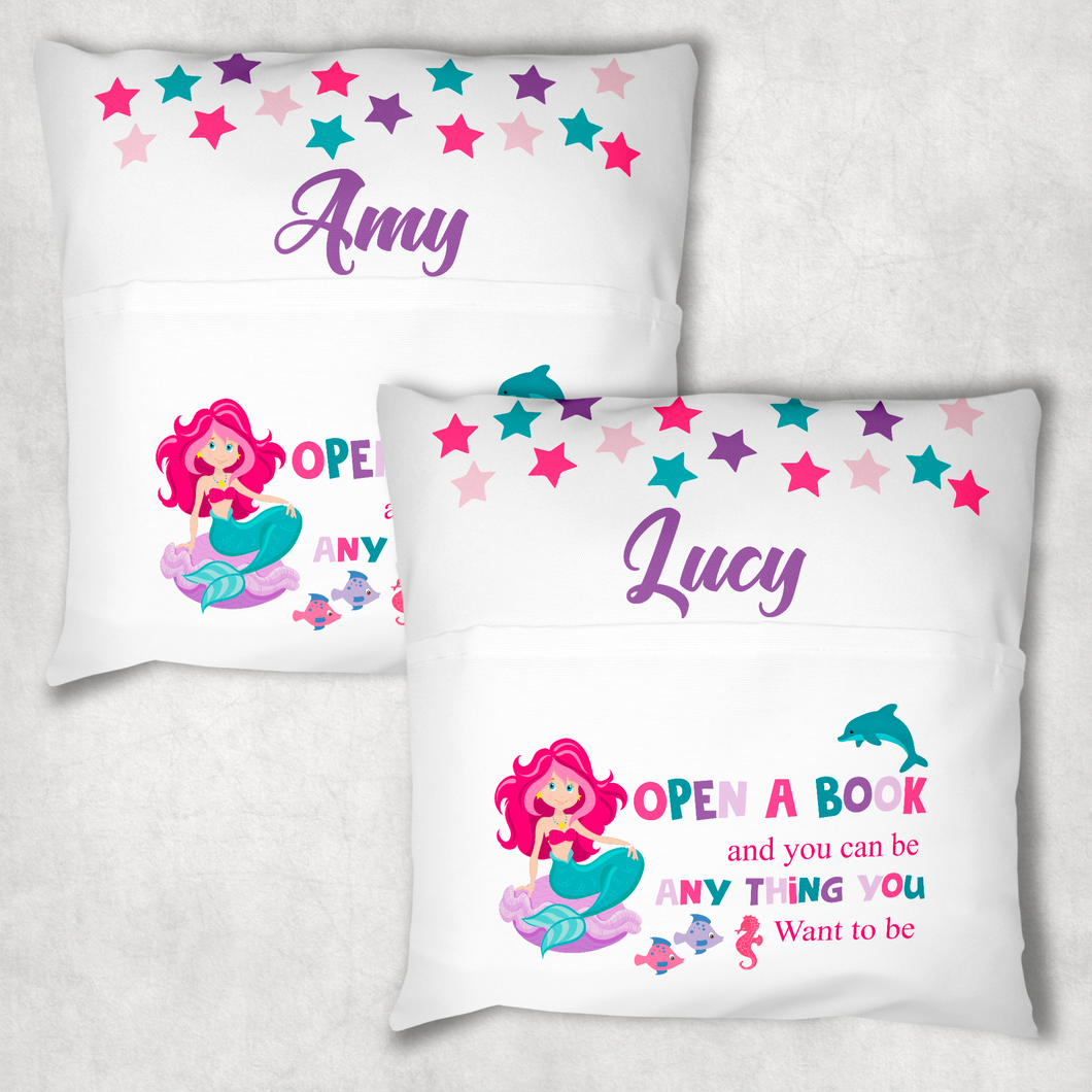 Mermaid Personalised Pocket Book Cushion Cover White Canvas
