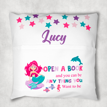 Load image into Gallery viewer, Mermaid Personalised Pocket Book Cushion Cover White Canvas

