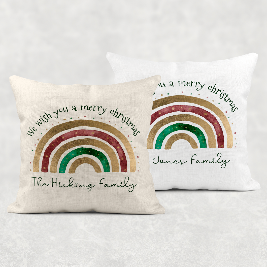 Festive Rainbow Personalised Cushion Cover Linen White Canvas