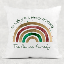 Load image into Gallery viewer, Festive Rainbow Personalised Cushion Cover Linen White Canvas
