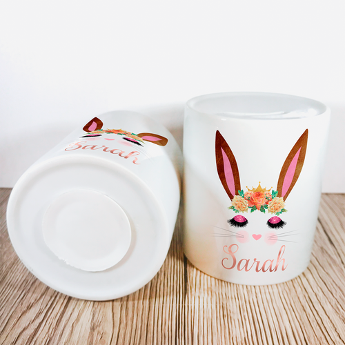 Personalised Bunny Money Pot | Brown Ears & Orange Flowers - Money Bank - Molly Dolly Crafts