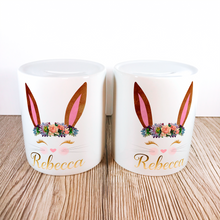 Load image into Gallery viewer, Personalised Bunny Money Pot | Brown Ears &amp; Lavender/Peach Flowers - Money Bank - Molly Dolly Crafts
