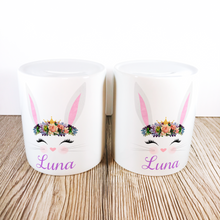 Load image into Gallery viewer, Personalised Bunny Money Pot | White Ears &amp; Lilac/Peach Flowers - Money Bank - Molly Dolly Crafts
