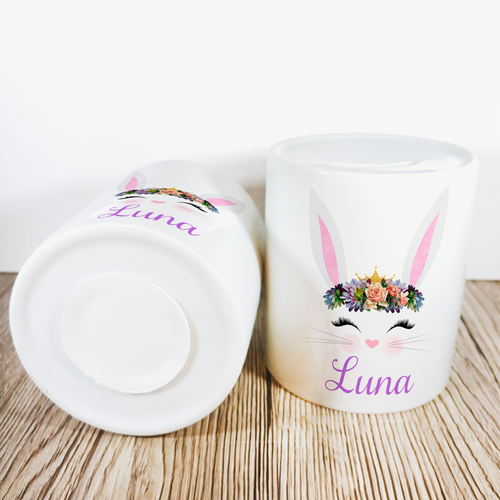 Personalised Bunny Money Pot | White Ears & Lilac/Peach Flowers - Money Bank - Molly Dolly Crafts