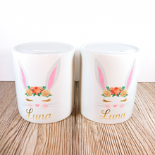 Load image into Gallery viewer, Personalised Bunny Money Pot | White Ears &amp; Orange Flowers - Money Bank - Molly Dolly Crafts

