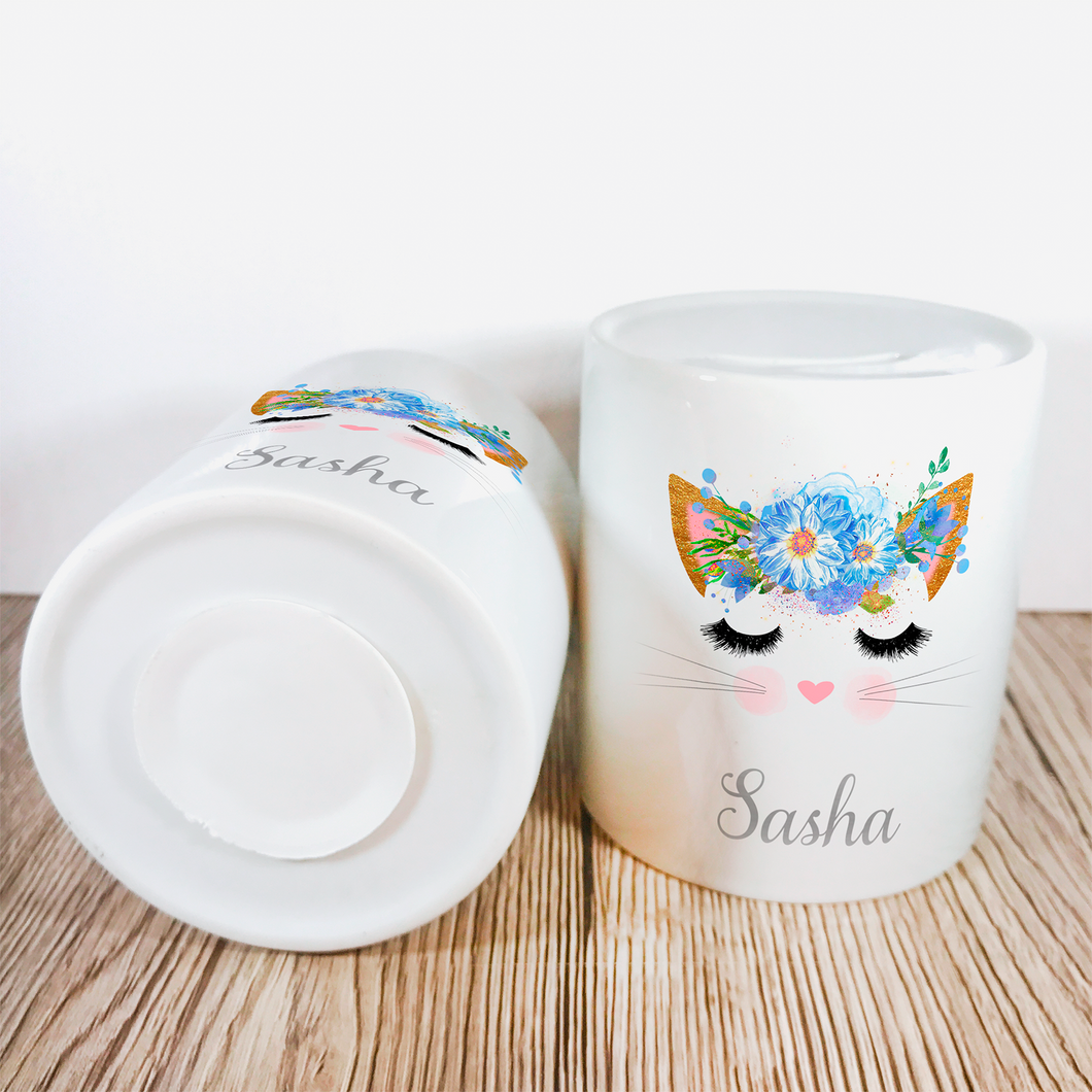 Personalised Kitty Money Pot | Blue Flowers - Money Bank - Molly Dolly Crafts