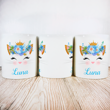 Load image into Gallery viewer, Personalised Kitty Money Pot | Blue Flowers with Crown - Money Bank - Molly Dolly Crafts
