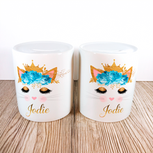 Load image into Gallery viewer, Personalised Kitty Money Pot | Blue &amp; Gold Flowers - Money Bank - Molly Dolly Crafts
