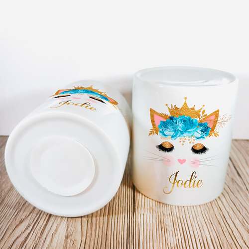 Personalised Kitty Money Pot | Blue & Gold Flowers - Money Bank - Molly Dolly Crafts