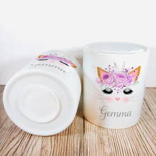 Load image into Gallery viewer, Personalised Kitty Money Pot | Lilac Flowers - Money Bank - Molly Dolly Crafts
