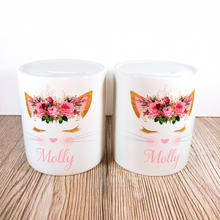 Load image into Gallery viewer, Personalised Kitty Money Pot | Pink Flowers - Money Bank - Molly Dolly Crafts
