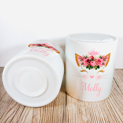 Personalised Kitty Money Pot | Pink Flowers with Crown - Money Bank - Molly Dolly Crafts