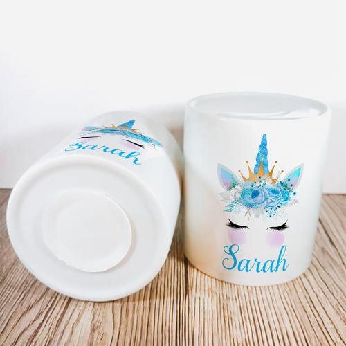 Personalised Unicorn Money Pot | Blue Flowers & Horn - Money Bank - Molly Dolly Crafts