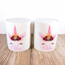 Load image into Gallery viewer, Personalised Unicorn Money Pot | Pink Flowers &amp; Pink Horn - Money Bank - Molly Dolly Crafts
