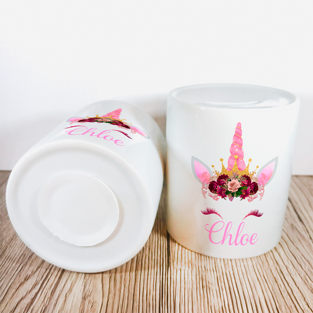 Personalised Unicorn Money Pot | Pink Flowers & Pink Horn - Money Bank - Molly Dolly Crafts