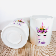 Load image into Gallery viewer, Personalised Unicorn Money Pot | Purple Flowers &amp; Purple Horn - Money Bank - Molly Dolly Crafts
