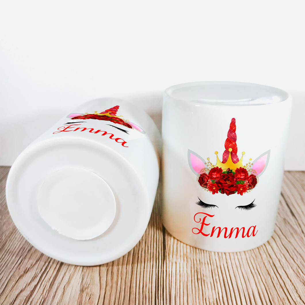 Personalised Unicorn Money Pot | Red Flowers & Red Horn - Money Bank - Molly Dolly Crafts