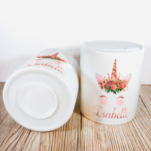 Load image into Gallery viewer, Personalised Unicorn Money Pot | Rose Gold Flowers &amp; Horn - Money Bank - Molly Dolly Crafts
