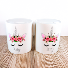 Load image into Gallery viewer, Personalised Unicorn Money Pot | Pink Flowers &amp; Silver Horn - Money Bank - Molly Dolly Crafts

