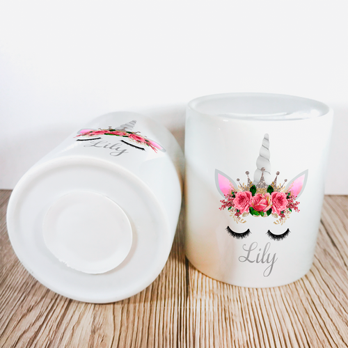 Personalised Unicorn Money Pot | Pink Flowers & Silver Horn - Money Bank - Molly Dolly Crafts