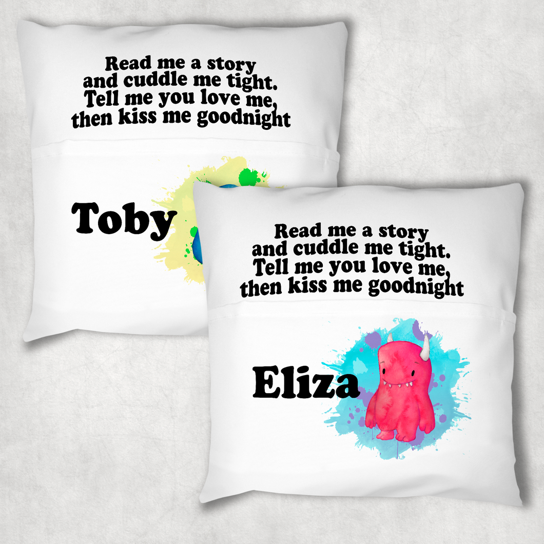 Monster Alphabet Personalised Pocket Book Cushion Cover White Canvas