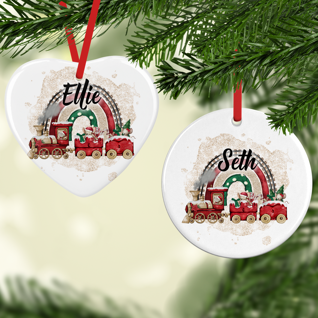 Mouse Train Personalised Ceramic Christmas Bauble