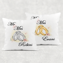 Load image into Gallery viewer, Rings Mr &amp; Mrs Wedding Cushion
