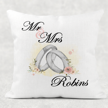 Load image into Gallery viewer, Rings Mr &amp; Mrs Wedding Cushion
