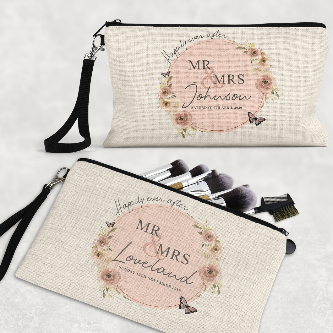 Mr & Mrs Wedding Day Linen Make Up Bag