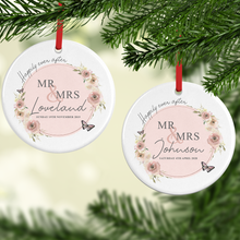Load image into Gallery viewer, Mr &amp; Mrs Wedding Day Personalised Ceramic Round Christmas Bauble
