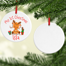 Load image into Gallery viewer, My First Christmas Rudolph Ceramic Round or Heart Christmas Bauble
