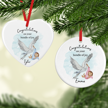 Load image into Gallery viewer, Congratulations New Baby Stork Watercolour Personalised Ceramic Round or Heart Christmas Bauble

