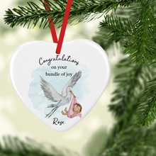 Load image into Gallery viewer, Congratulations New Baby Stork Watercolour Personalised Ceramic Round or Heart Christmas Bauble
