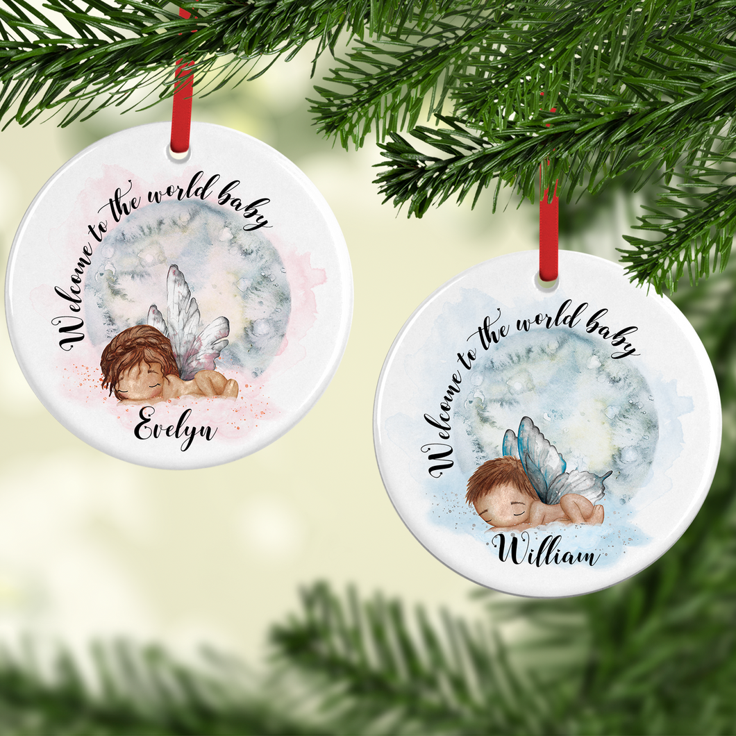 New Baby Welcome to the World Watercolour Personalised Ceramic Round Christmas Bauble