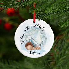 Load image into Gallery viewer, New Baby Welcome to the World Watercolour Personalised Ceramic Round Christmas Bauble
