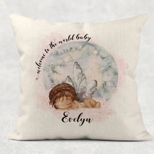 Load image into Gallery viewer, Welcome to the World Newborn Personalised Cushion Linen White Canvas
