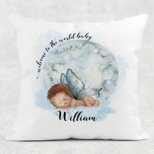 Load image into Gallery viewer, Welcome to the World Newborn Personalised Cushion Linen White Canvas
