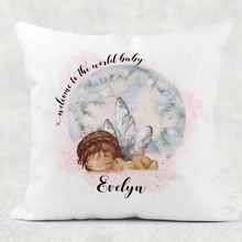 Load image into Gallery viewer, Welcome to the World Newborn Personalised Cushion Linen White Canvas
