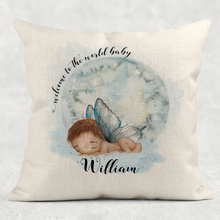 Load image into Gallery viewer, Welcome to the World Newborn Personalised Cushion Linen White Canvas
