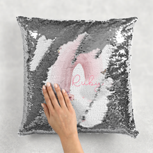 Load image into Gallery viewer, Pastel Wonky Rainbow Personalised Mermaid Sequin Cushion

