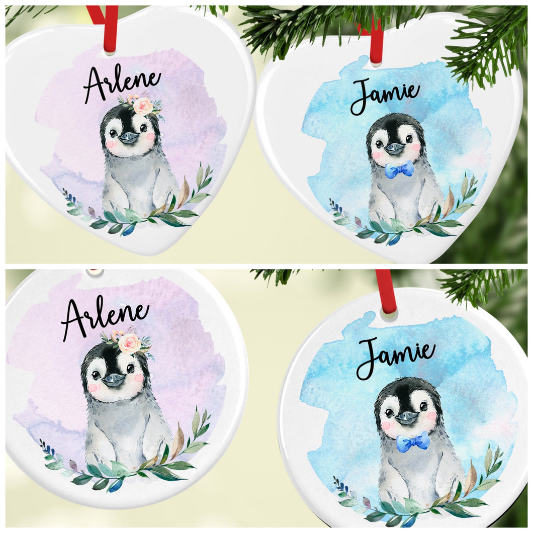 Penguin Watercolour with Name Ceramic Round or Heart Christmas Bauble