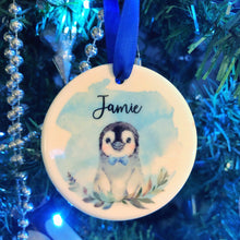 Load image into Gallery viewer, Penguin Watercolour with Name Ceramic Round or Heart Christmas Bauble
