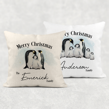 Load image into Gallery viewer, Penguin Family Personalised Christmas Cushion Cover Linen White Canvas
