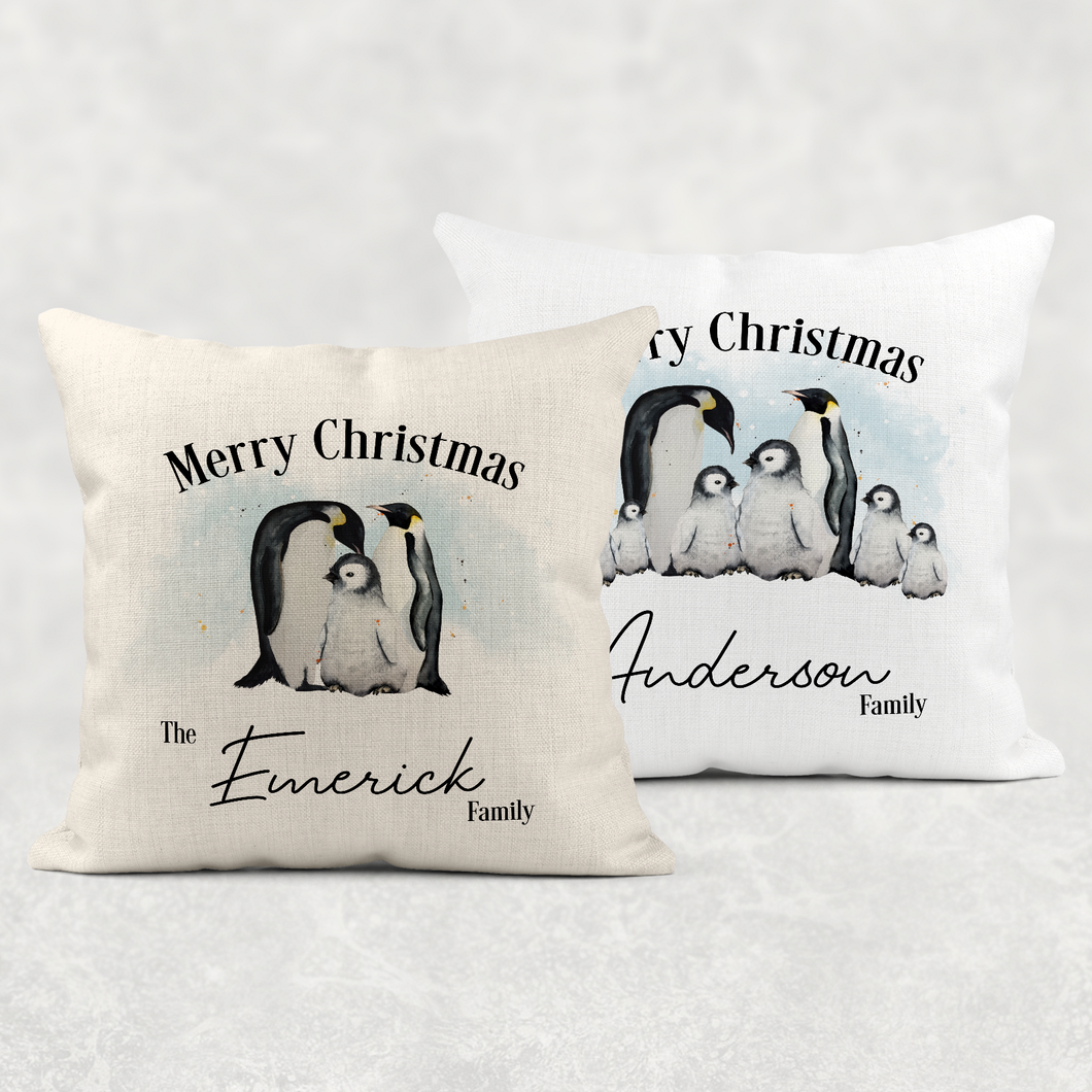Penguin Family Personalised Christmas Cushion Cover Linen White Canvas