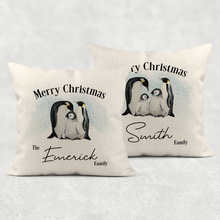 Load image into Gallery viewer, Penguin Family Personalised Christmas Cushion Cover Linen White Canvas
