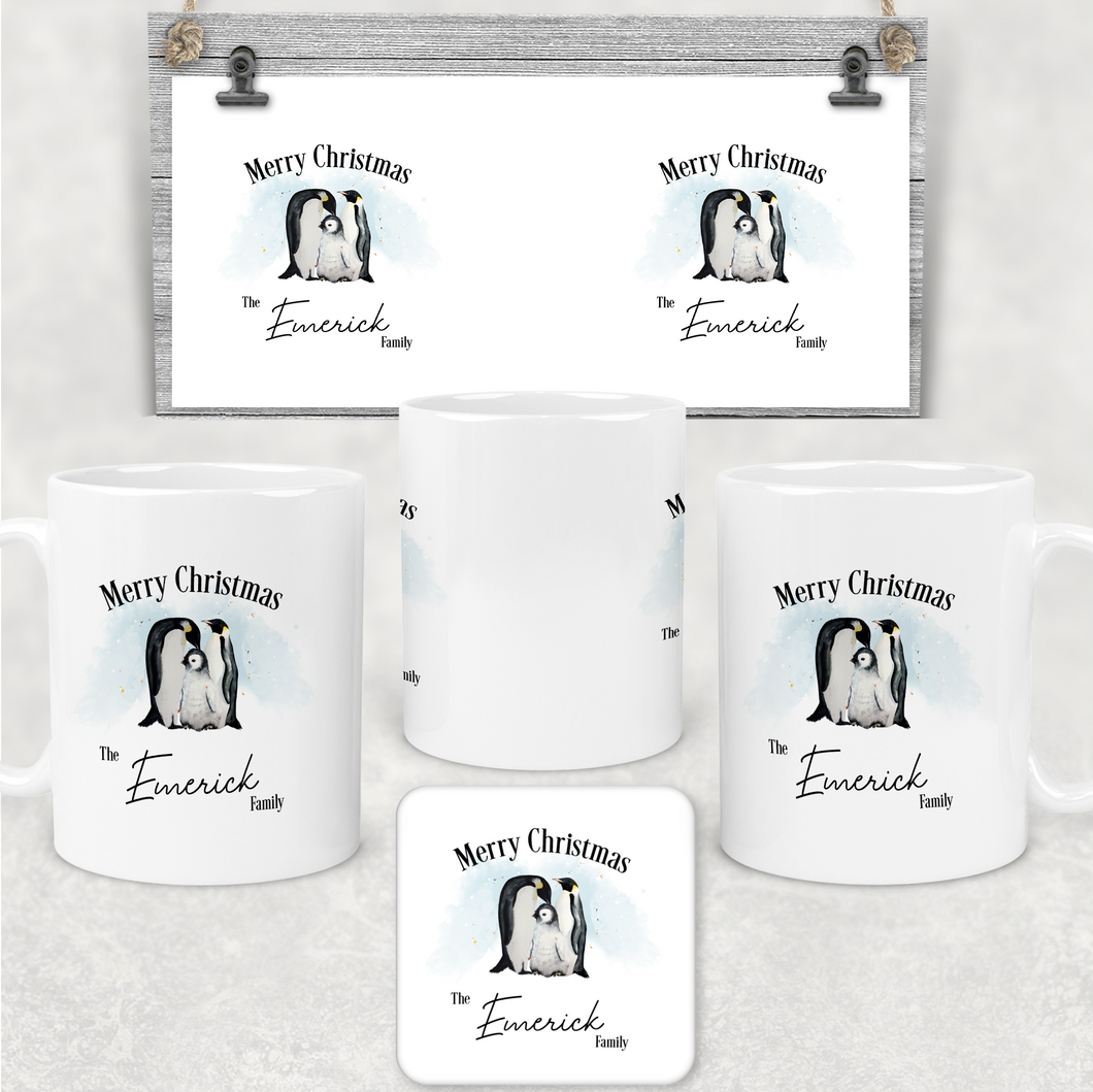 Penguin Family Personalised Christmas Eve Mug and Coaster Set