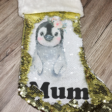 Load image into Gallery viewer, Personalised Penguin Gold Sequin Christmas Stocking - Christmas - Molly Dolly Crafts
