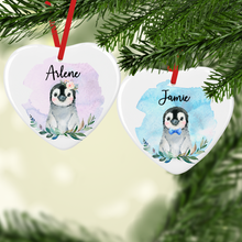 Load image into Gallery viewer, Penguin Watercolour with Name Ceramic Round or Heart Christmas Bauble

