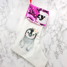 Load image into Gallery viewer, Personalised Penguin Sequin Topped Christmas Stocking
