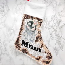 Load image into Gallery viewer, Personalised Penguin Fur Topped Sequin Christmas Stocking
